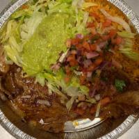 Carne Azada · Ribeye steak. Served with rice and beans, avocado, salad, corn or flour tortillas, topped wi...