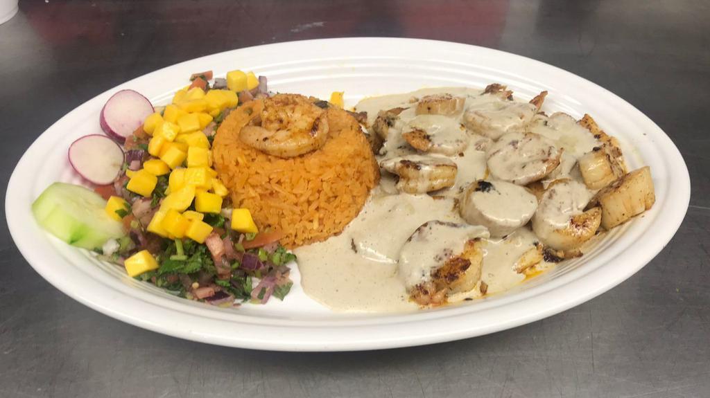 Plaza Degollado Del Mar · Grilled tilapia, scallops and shrimp topped with wine sauce. Served with rice, mango bites and pico de gallo.