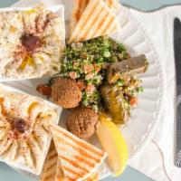 Greek Bistro Vegetarian Platter · Vegetarian. Tabouli salad, hummus, baba ganoush, falafel, grape leaves, pita bread.