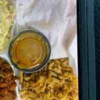 Pulled Chicken Bbq Plate · Pulled Chicken, potato salad, and  baked beans