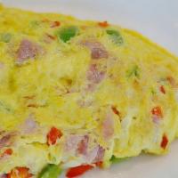 Western Omelet · Served with ham, peppers and onions. Come with a buttered bagel.
