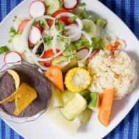 Vegetarian Platter · Home cooked guatemalan style steamed vegetables, served with a side of rice refried beans an...
