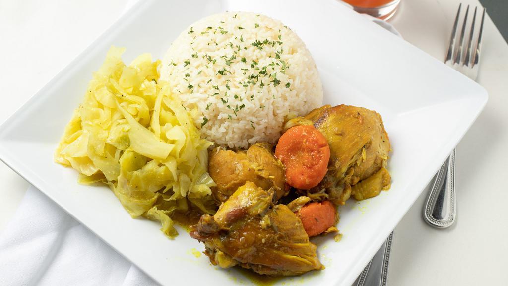 Curry Chicken · Jamaican Curry Chicken,  served with Rice/Beans and your choice of one side