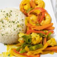 Curry Shrimp · Jamaican Curry Shrimp, served with rice/beans and your choice of one side