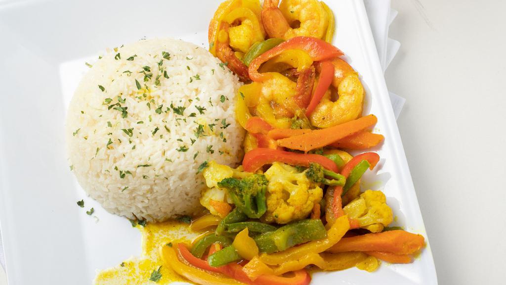 Curry Shrimp · Jamaican Curry Shrimp, served with rice/beans and your choice of one side