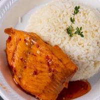 Sweet Chili Salmon · Sweet Chili Salmon, served with Rice/Beans and your choice of one side