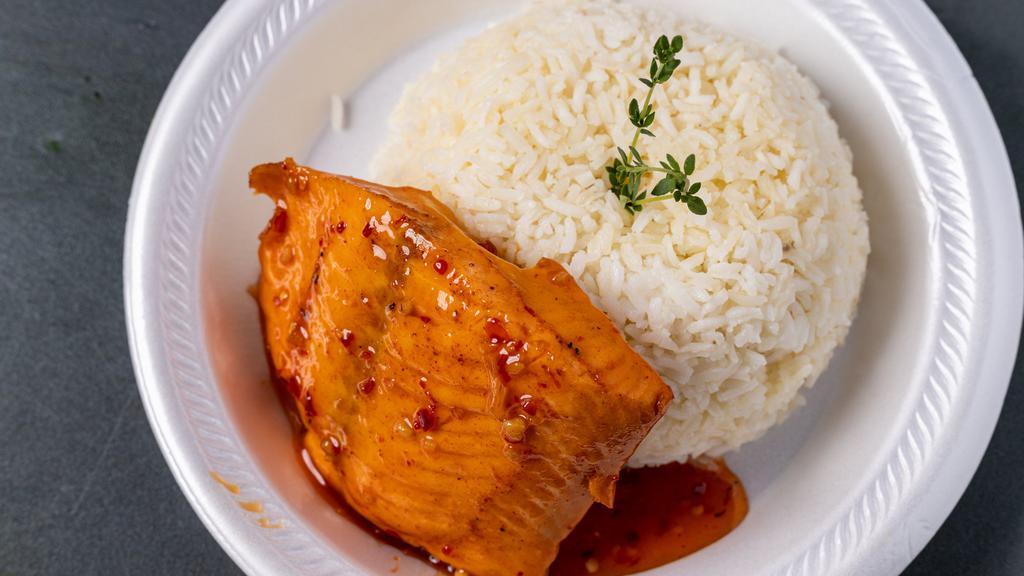 Sweet Chili Salmon · Sweet Chili Salmon, served with Rice/Beans and your choice of one side