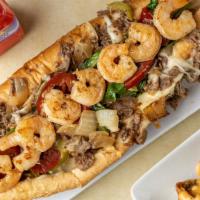 Surf & Turf Phillie · Philli cheesesteak loaded with spinach, sweet peppers, Onions, Jumbo shrimp & American Chees...