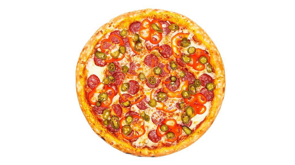 Big Bang Pepperoni Jalapeno Pizza · Pizza with pepperoni, jalapenos, and bell peppers