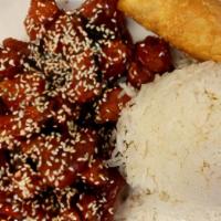 Sesame Chicken Dinner Combination · Served with egg roll, rice and choice of soup.