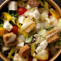 Greek Salad · Spring Mix, Feta, Banana Peppers, Kalamata Olives, Cherry Tomatoes, Cucumber, w/Greek Dressing