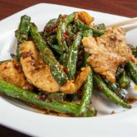 Chicken And Szechuan Green Beans* · Spicy hot. Thinly sliced Chicken breast stir-fried with fresh green beans in a spicy house s...