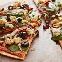 Fp'S Famous Greek Pizza · A pizza with white sauce, mozzarella cheese, grilled chicken, olives, onion, spinach, tomato...