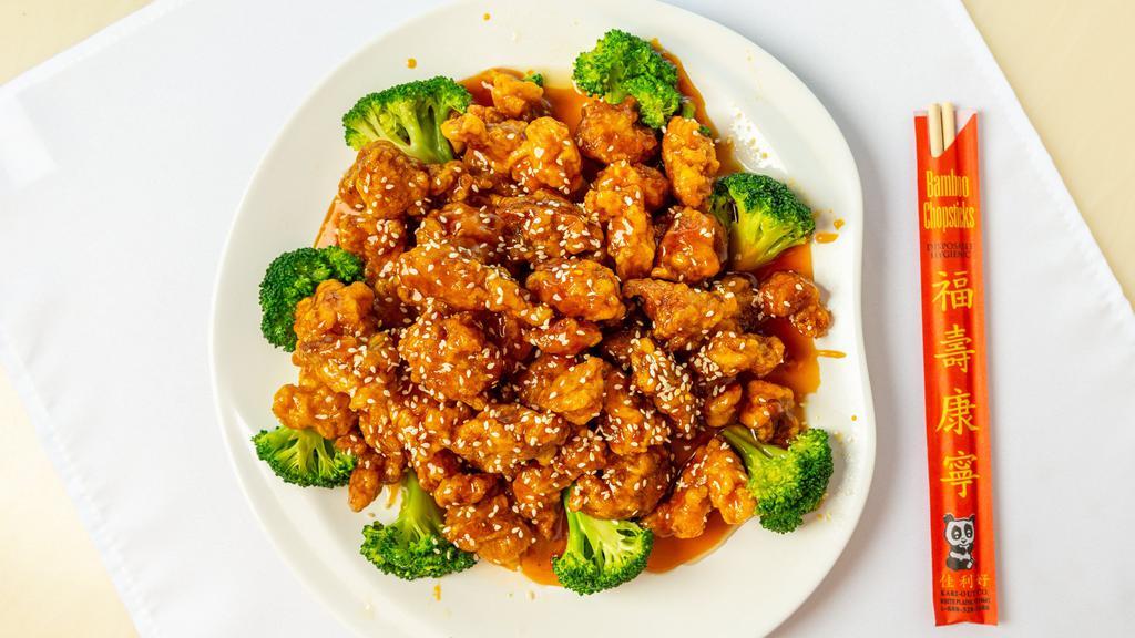 Sesame Chicken 芝麻鸡 · Crispy golden tender chicken morsels served in a mildly seasoned sauce with sesame seed and broccoli. Served with white rice. With brown rice 2.00 extra With fried 2.00 extra.  With noodles 3.00 extra