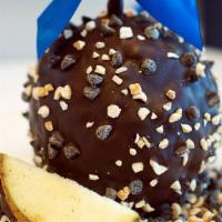Chocolate Peanut Lovers Apple · Caramel apple rolled in chocolate chips and crushed peanuts, then coated with Belgian dark c...