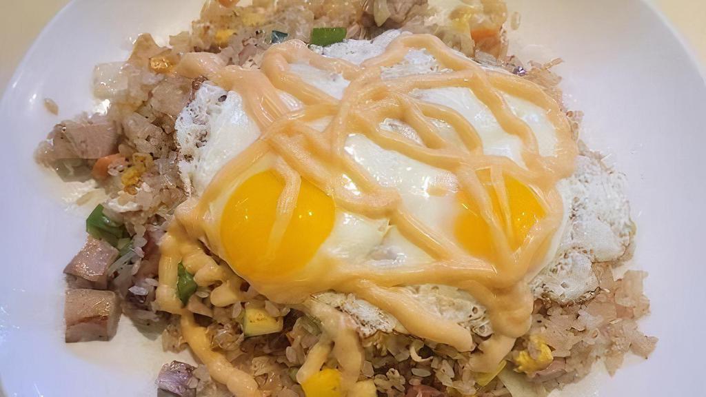 Pork Belly Fried Rice · Braised Pork Belly, Mixed Vegetables Topped Sunny Egg, Drizzled Honey Mayo