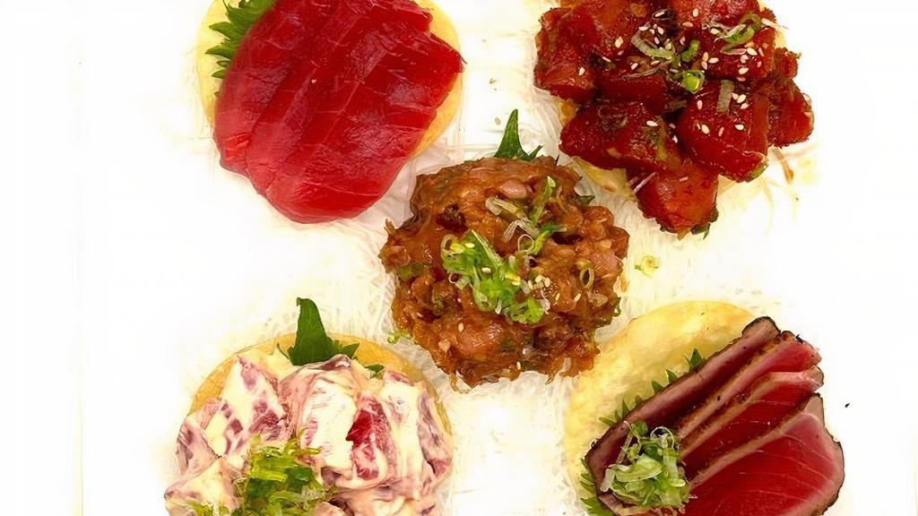 Tuna Symphony Sashimi · Tuna: Sashimi, Seared, Tartare, Ahi Poki, Spicy Aioli Tuna