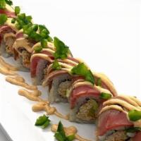 Chipotle Roll · Chipotle Crab, Avocado, Tempura Crunches, Topped with Seared Tuna, Jalapeño Candy, Chipotle ...