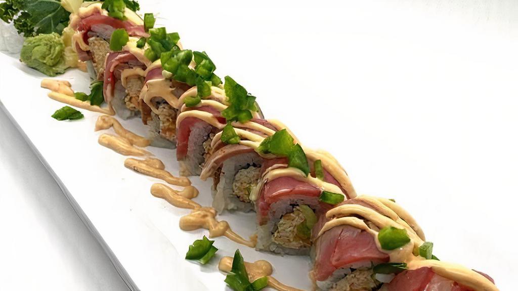 Chipotle Roll · Chipotle Crab, Avocado, Tempura Crunches, Topped with Seared Tuna, Jalapeño Candy, Chipotle Mayo