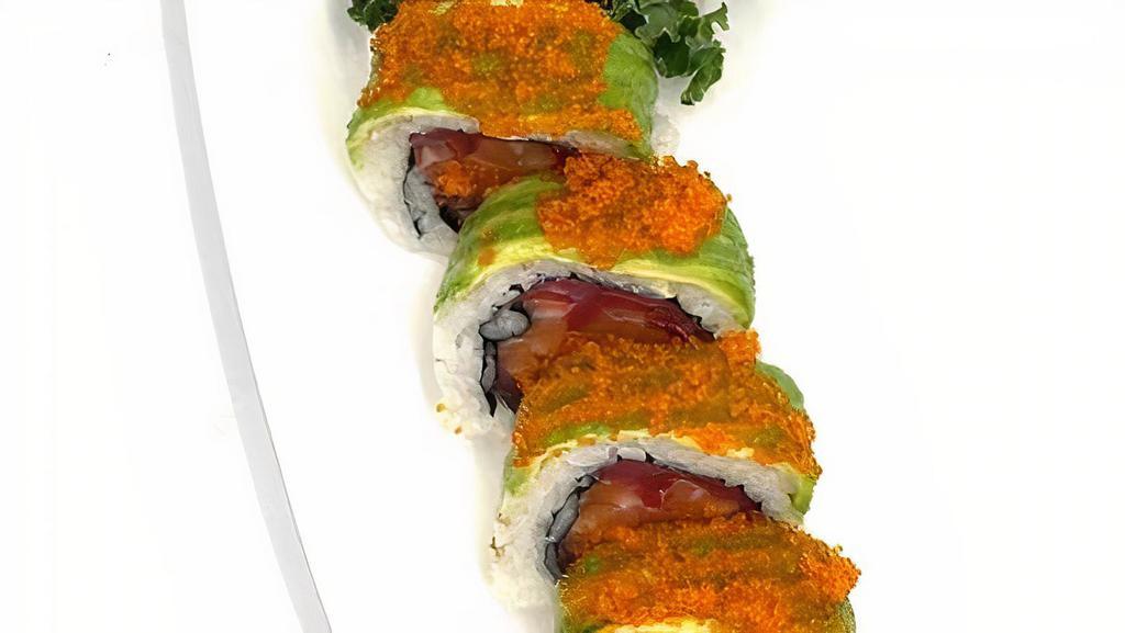 California Sunset Roll · Salmon, Tuna, Rolled in Avocado with Flying Fish Roe