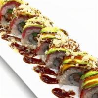 Dragon Eye Roll · Salmon, Asparagus, Layer of Bluefin Tuna, Avocado, Tempura Crunches, Eel Sauce