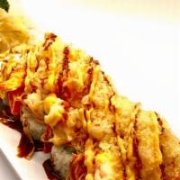 Queen City Roll · Crab Salad, Avocado, Cream Cheese, Baked Salmon, Spicy Crab, Kimchi Sauce, Eel Sauce, Spicy ...