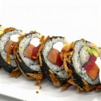 Rising Sun Roll · Tuna, Smoked Salmon, Cream Cheese, Avocado. Rolled and Crusted with Shredded Wonton Skin, Sp...