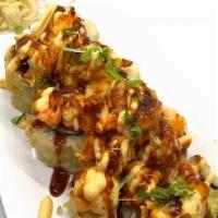 Lol Roll · Avocado Roll Rice, Panko Deep Fry, Wok Hot Chili Tiger Shrimp with Eel Sauce and Aioli Sauce