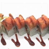 Monsters Inc Roll · Fried Soft Shell Crab, Cucumber inside, Spicy Tuna on top, Eel Sauce