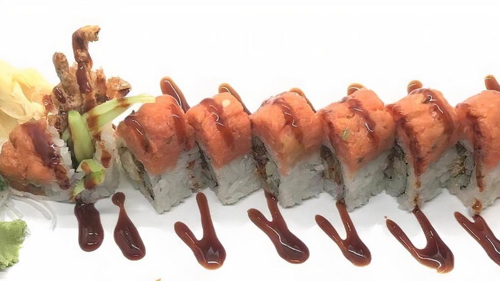 Monsters Inc Roll · Fried Soft Shell Crab, Cucumber inside, Spicy Tuna on top, Eel Sauce