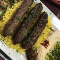 Lula Kebab Plate · Fresh ground lamb and beef seasoned with parsley, onions, and Stella Maris spices.