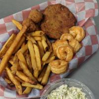 Shrimp & Crab Cake Basket · 6 jumbo shrimp and Great Grandma's 1/4 pound crab cake with two sides of your choice and two...