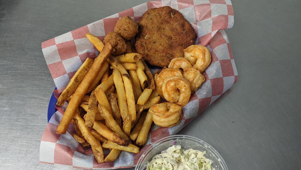 Shrimp & Crab Cake Basket · 6 jumbo shrimp and Great Grandma's 1/4 pound crab cake with two sides of your choice and two hush puppies