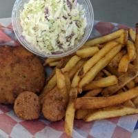 Crab Cake Basket · Great Grandma's 1/4 pound crab cake served with two hushpuppies and two sides of your choice