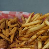 Kid'S Clam Strips · 1/4 pound of fried clam strips served with french fries, one hushpuppy, and a drink!