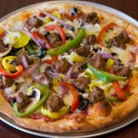American Pie · Tomato sauce, pepperoni, Italian sausage, Turkey bacon, roasted peppers, black olives, red o...
