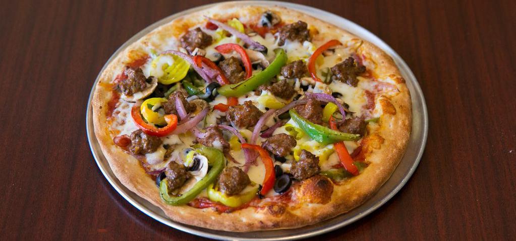 American Pie · Tomato sauce, pepperoni, Italian sausage, Turkey bacon, roasted peppers, black olives, red onions, banana peppers, mushrooms & Mozzarella.