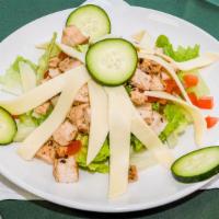 Chicken Salad · Grilled chicken, provolone, diced tomato, and cucumber served over a bed of greens