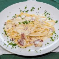 Pasta With Creamy Carbonara · Bacon, onion, basil, creamy alfredo