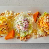 Pisco 305 (Shareable) · A platter of fish ceviche with our three delicious sauces: tradicional, creamy rocoto, and a...