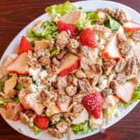 Strawberry Fields Salad · Chopped Romaine, candied pecans, blue cheese crumbles, red onions, and oven roasted chicken