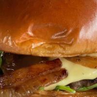 Prime Rib Burger · arugula, caramelized onion, brie, bacon jam