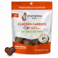 Shameless Pets - Chicken & Carrots · 6oz bag
Soft Baked Dog Dental Treats
Chicken & Carrot flavor
Made in the USA
Upcycled ingred...