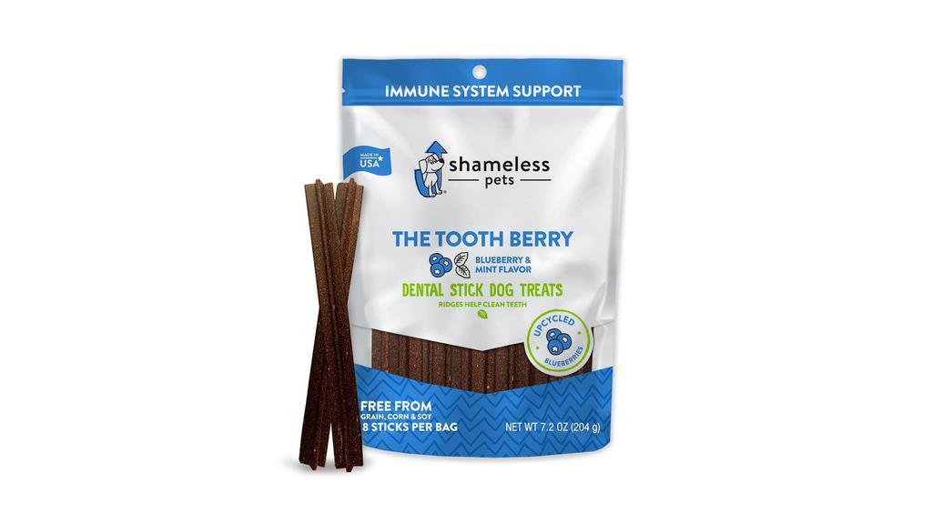 Shameless Pets The Tooth Berry Dental Sticks Dog Treats · MADE IN THE USA with upcycled ingredients
7.62 OZ BAG
Sticks are not very hard. Perfect for any size/age dog.

These delicious blueberry sticks help support your dog's immune system with vitamin E and powerful antioxidants. With ridges to keep your dog's teeth clean. Plus chia and flax seeds for a healthy-looking skin and coat and mint to freshen breath.



Grain free
Corn free
Soy free
No artificial flavors

Ingredients

Sunflower meal*, chickpea, tapioca, coconut glycerin, blueberry*, chia seeds, flaxseed meal, apple cider vinegar, citric acid (a preservative), d-alpha-tocopherol acetate (vitamin E), mint



* Upcycled ingredient