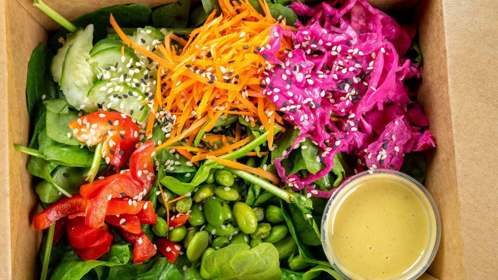 Asian Salad · Spinach topped with cucumber, pickled cabbage, red pepper, carrot, edamame, sesame seeds with a side of sesame jalapeño-lime vinaigrette