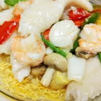 Seafood Pan-Fried Noodle(海鲜两面黄) · Stir-fried with Shrimp, Fish,Crab meat, Scallops, mixed veggie, on top of pan-fried thin egg...