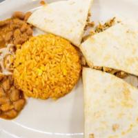 Quesadilla Vegetariana · Grilled bell peppers, tomato, onion, cactus, mushroom, spinach & cheese, served with rice sp...