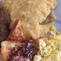 J'S Big Breakfast · Includes  two eggs, your choice of two sausages or three bacon, grits, toast, and your choic...