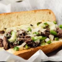 Philly Cheesesteak Hero · Thinly chopped Philly steak with sautéed onions and green peppers dripping with melted provo...