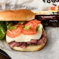 Jackie Robinson · Seasoned filet of roast beef topped with horseradish cheddar, raw onions, lettuce, tomato, a...
